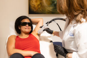 Client receiving underarm laser hair removal from a licensed provider at Catara Med Spa in Algonquin, IL.