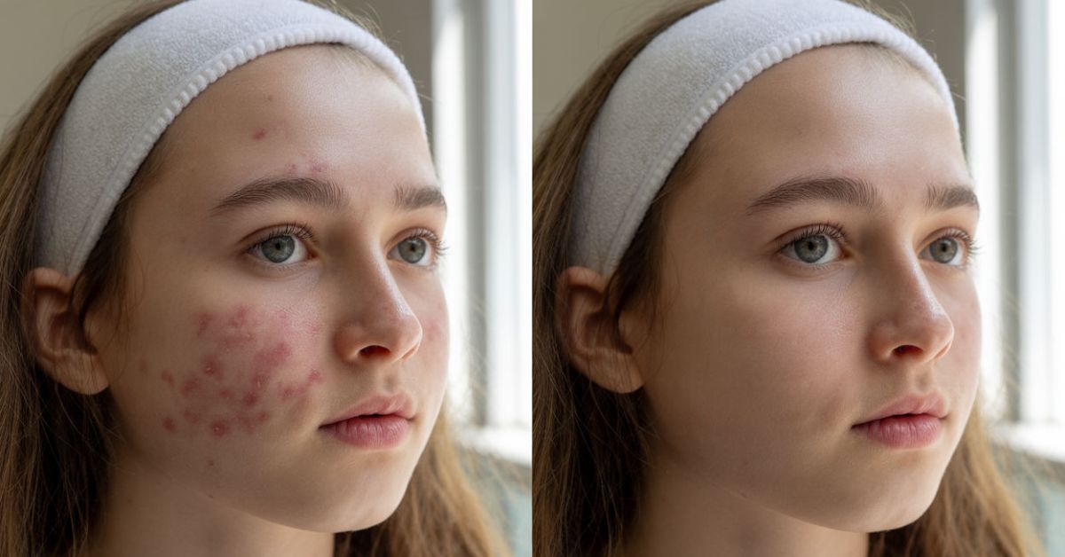 Before and after results of a basic facial for teens at Catara Med Spa, showing reduced acne and smoother, clearer skin.