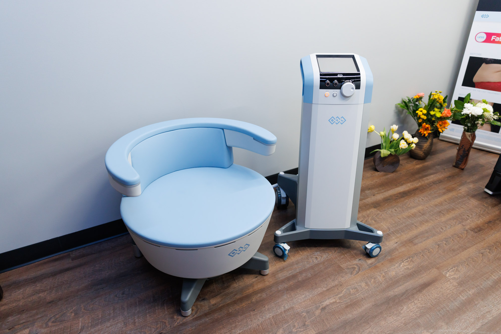 Emsella chair and treatment equipment in a private room at Catara Medical Spa Algonquin used for Emsella Chair Algonquin Improve Sex treatments