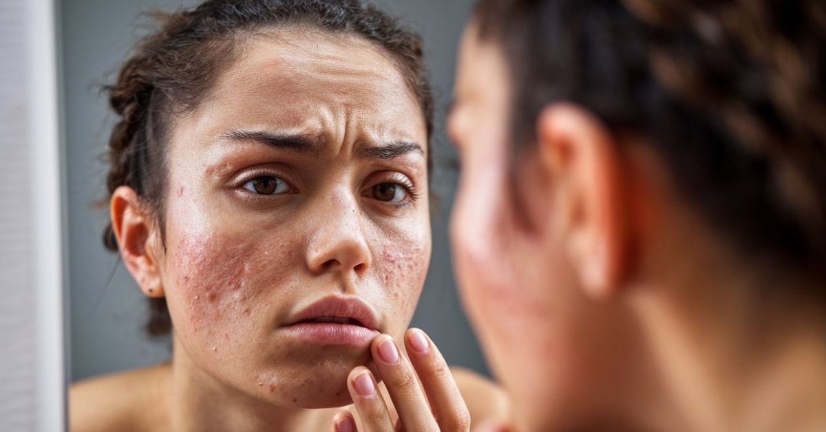 A woman examining acne scars in the mirror, seeking natural acne scar removal at Catara Med Spa.