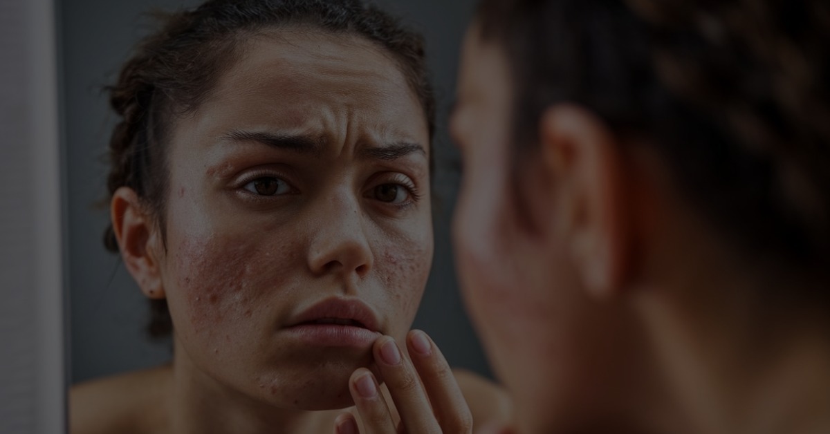Young woman examining acne scars in the mirror — natural acne scar removal tips and treatments at Catara Med Spa in Algonquin, IL.