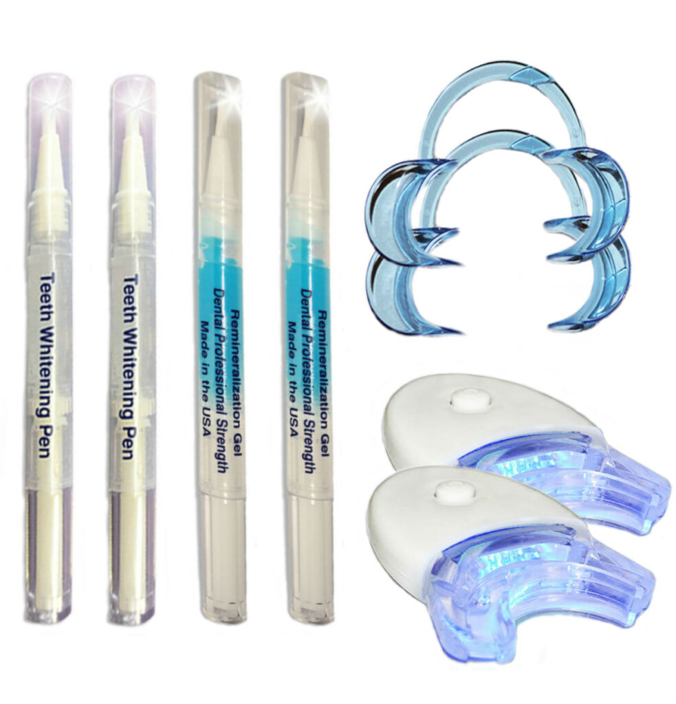 Professional teeth whitening kit with LED lights, whitening pens, and remineralization gel available at Catara Med Spa in Algonquin, IL.
