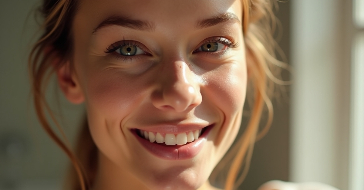 Smiling woman with smooth, glowing skin after treatment comparing Radiesse vs Sculptra fillers.