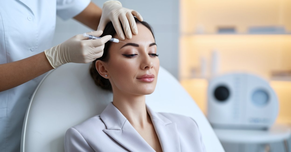A woman sits calmly in a clinic chair with her eyes closed as a medical professional wearing gloves prepares to inject a cosmetic treatment into her forehead. How long does radiesse last