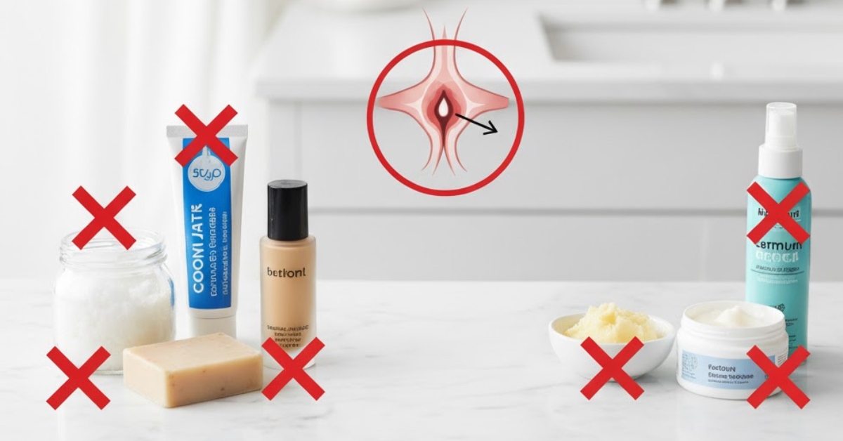 Skincare and cosmetic products on a bathroom counter with red X marks, illustrating pore-clogging ingredients to avoid.