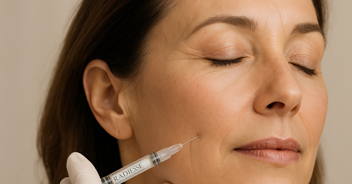 Middle-aged woman receiving a Radiesse dermal filler injection in her cheek from a licensed aesthetic practitioner wearing gloves.