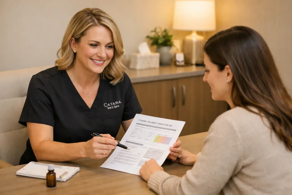 Nurse practitioner reviewing a weight loss treatment plan with a patient at a medical spa in Algonquin, IL