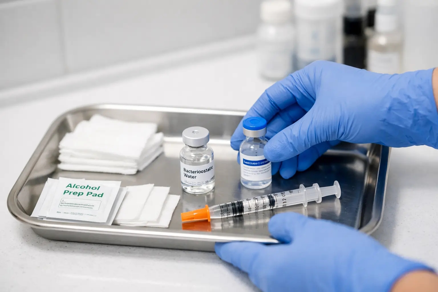 Medically supervised GLP-1 injection preparation in Algonquin, showing a healthcare professional wearing blue gloves arranging a syringe, alcohol prep pads, bacteriostatic water vial, and medication vial on a stainless steel tray in a clinical setting.