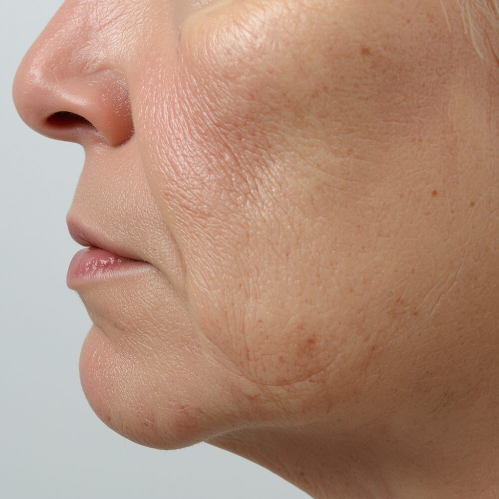 Side profile showing early jowls and lower face volume loss